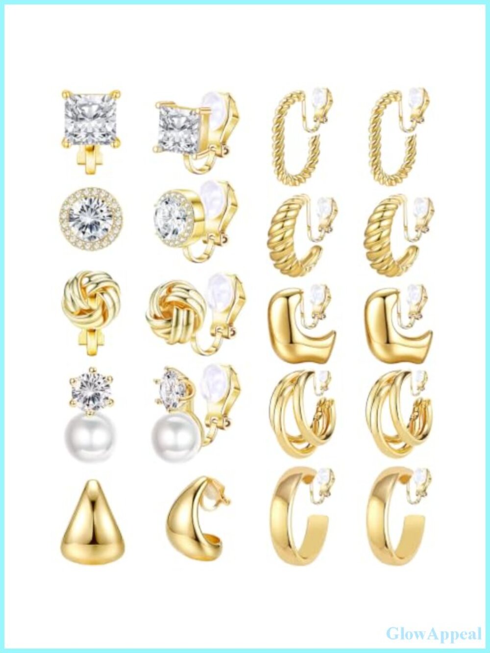 10 Pair Clip On Earrings Set Non Pierced Stud Hoop Cubic Zirconia Gold Tone